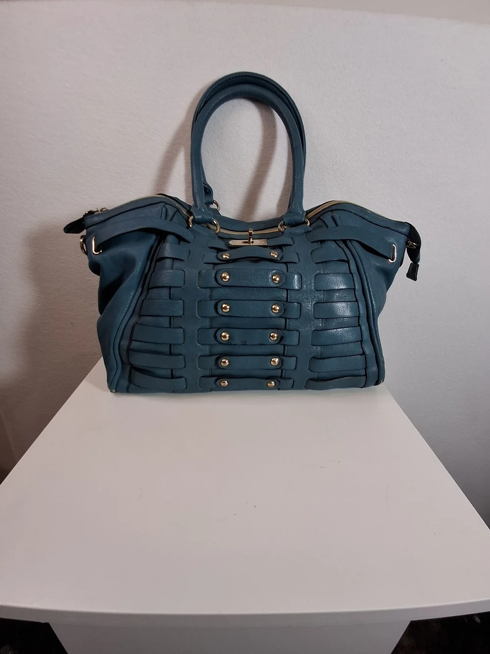 Big Buddha Teal Woven-Panel Tote with Gold Studs - Picture 1 of 14